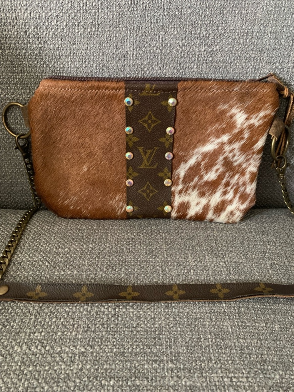 Monogram Accent Brown Cowhide Crossbody Bag